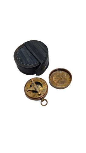 Brown Antique Brass Pocket Sundial Compass With Leather Case