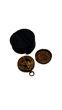 Brown Antique Brass Pocket Sundial Compass With Leather Case