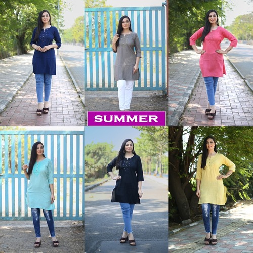 Summer Specials Top Slub Rayon Kurtis - Slub Rayon, Sizes: M, L, XL, XXL, 3/4 Sleeve, Embroidered Pattern | Quick Dry, Washable, Customized Logo