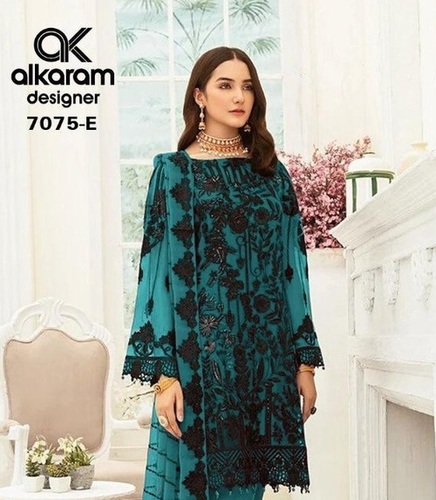 Alkaram Designer Pakistani Salwar Suit - Heavy Net with Embroidery and Sequence Work, Semi-Stitched Multi-Color Ethnic Wear, Full Sleeves, Washable and Dry Cleanable