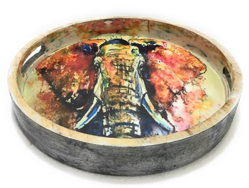Lacquered Elephant Design Multicolour Round Wooden Tray