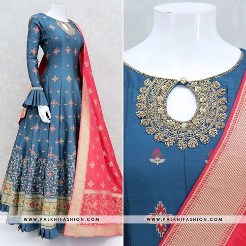 New Blue Anarkali Dull Satin Readymade Gown