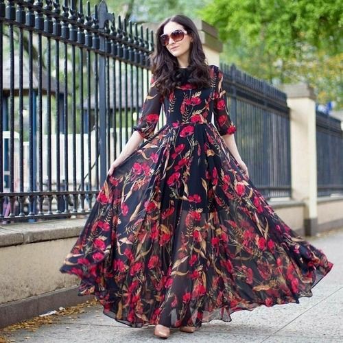 Black Georgette Floral Digital Printed Gown