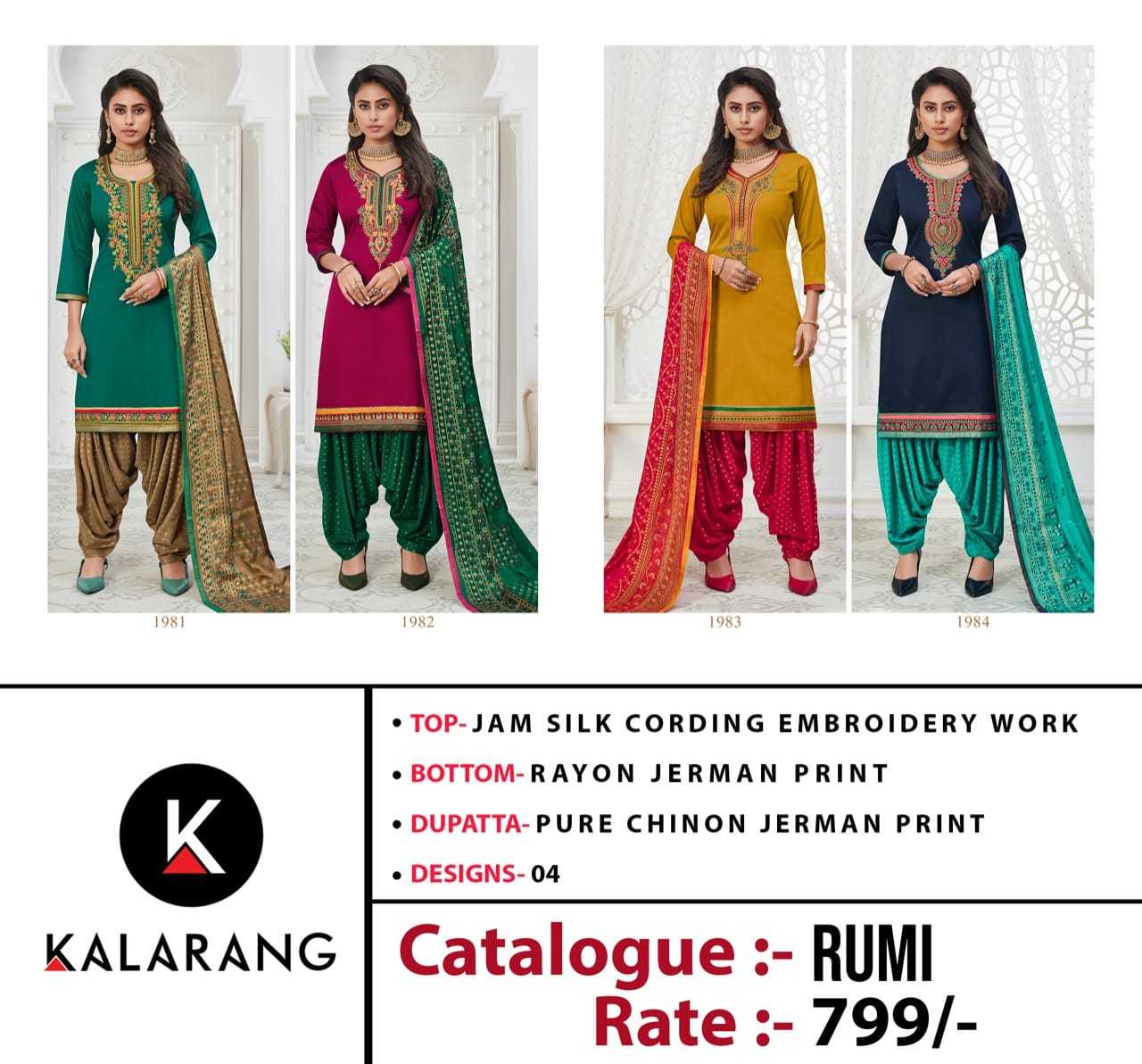 Kalarang Rumi Jam Silk With Embroidery Work Dress Material Catalog