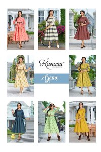 Kanasu Gems Cotton Flex Print With Belt And Katha Work Kurti Catalog