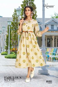 Kanasu Gems Cotton Flex Print With Belt And Katha Work Kurti Catalog