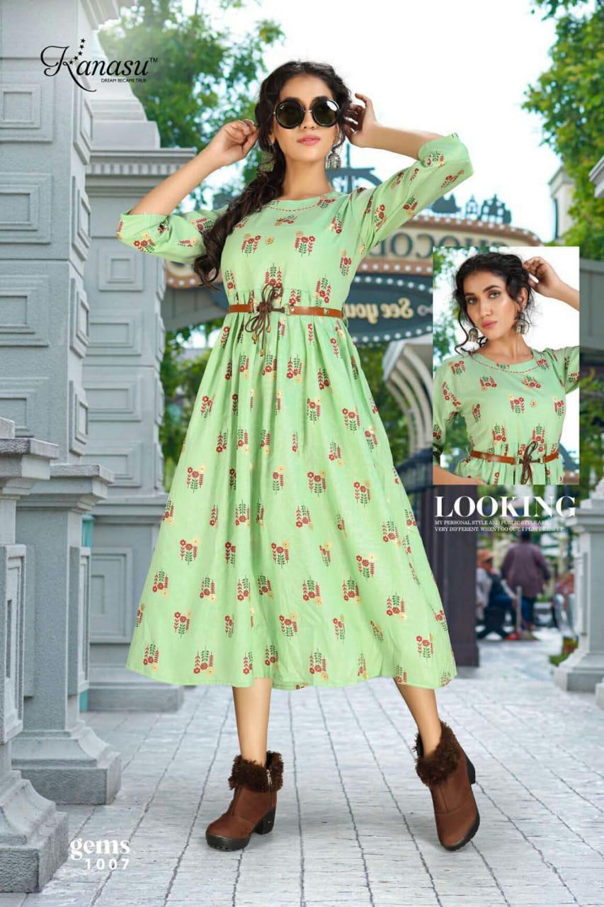 Kanasu Gems Cotton Flex Print With Belt And Katha Work Kurti Catalog