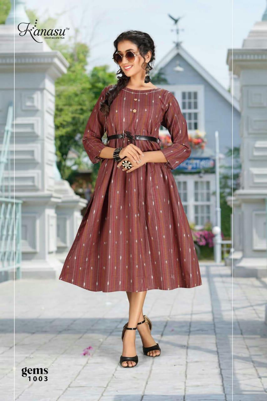 Kanasu Gems Cotton Flex Print With Belt And Katha Work Kurti Catalog