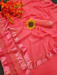 Partywear Georgette Sarees With Golden Dots Border And Satin Lace
