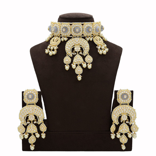 Kundan Necklace Set with Grey Carving Stones