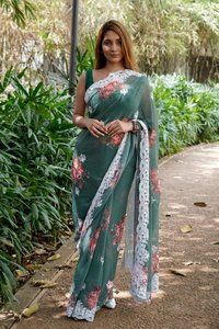 Partywear Georgette Saree With Viscose Thread Work With Beautiful Digital Print.