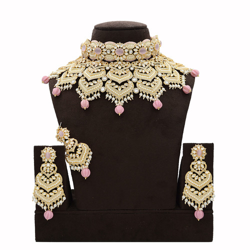 Kundan Necklace Set with Mint Pink stones