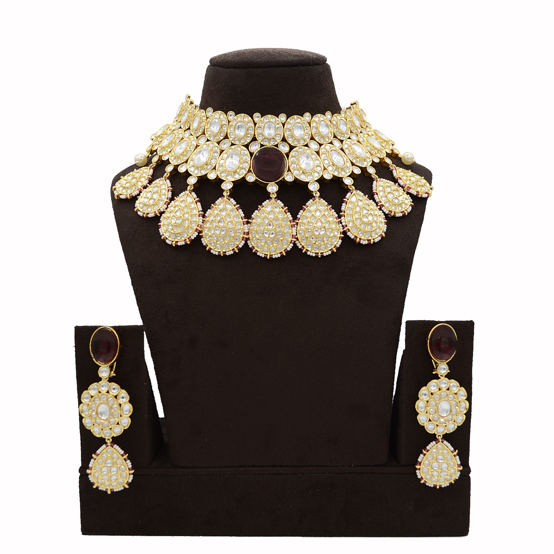 Kundan Necklace Set with Big Oval Maroon Stone