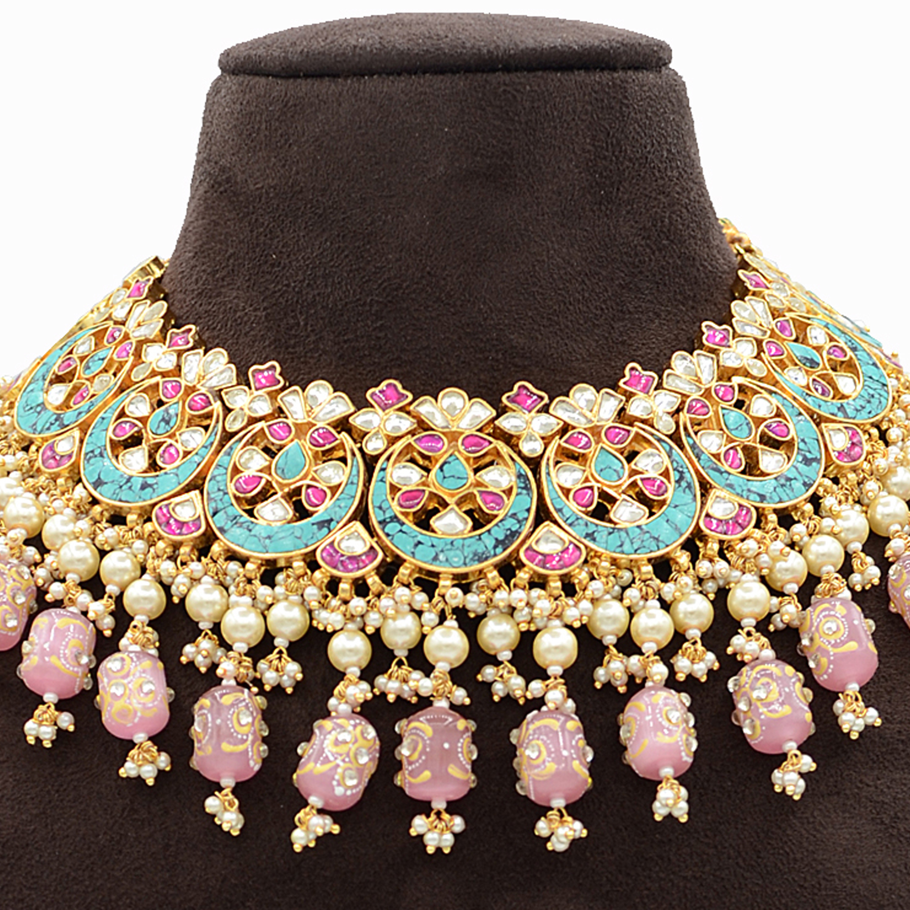 Pachi Kundan Necklace Set with Terquise Stone Work