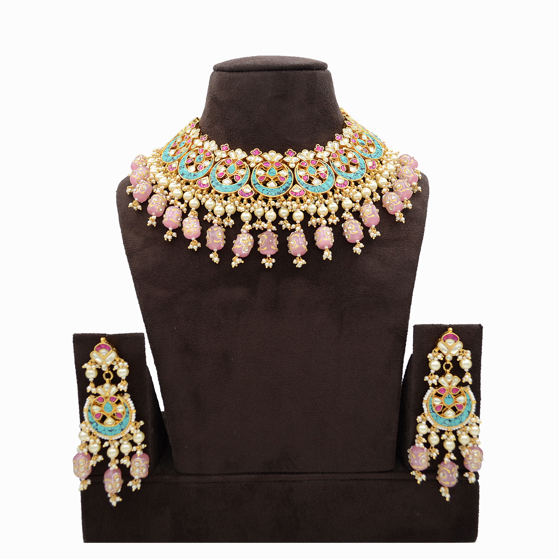 Pachi Kundan Necklace Set with Terquise Stone Work