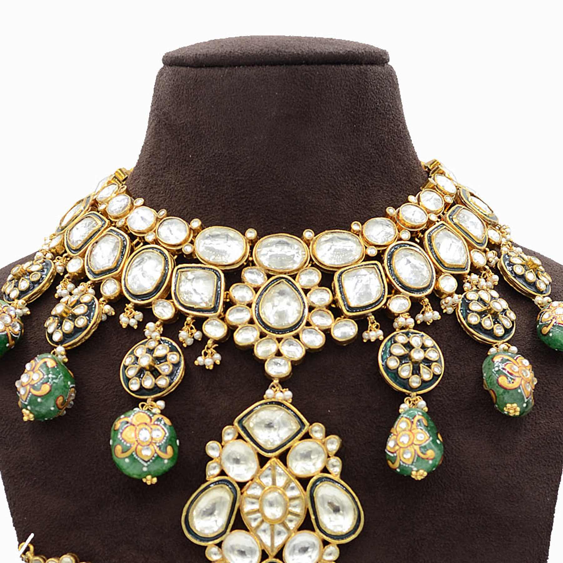 Pachi Kundan Necklace Set with Green Minakari Hangings