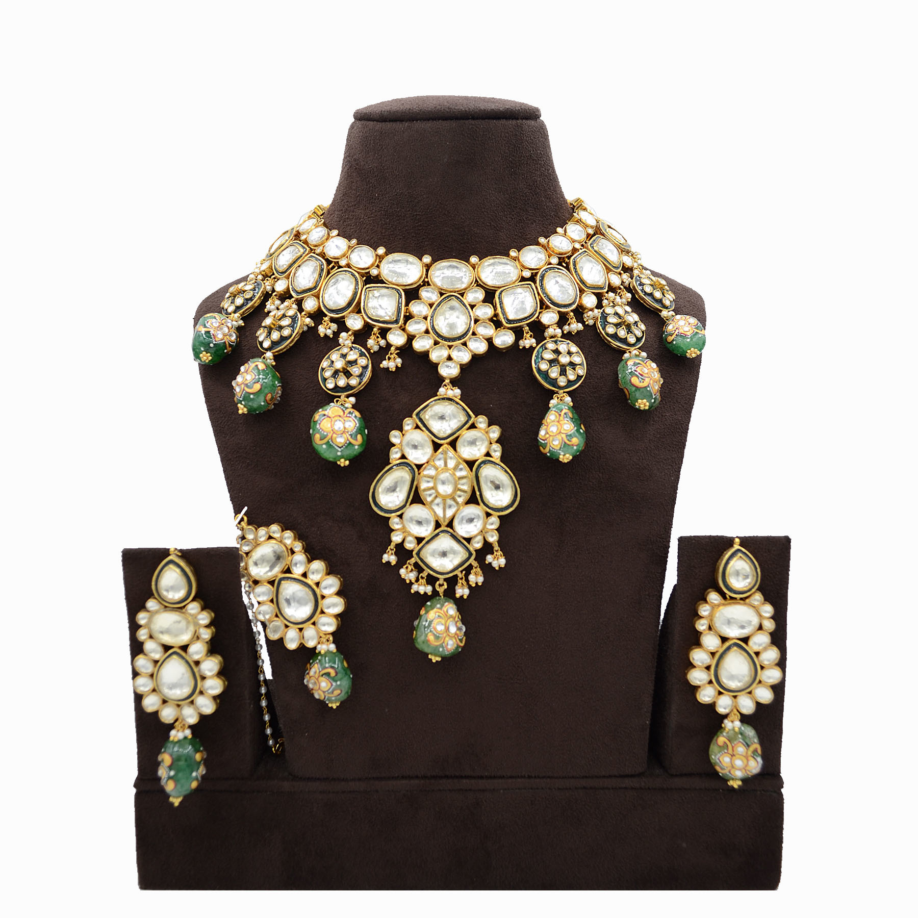 Pachi Kundan Necklace Set with Green Minakari Hangings