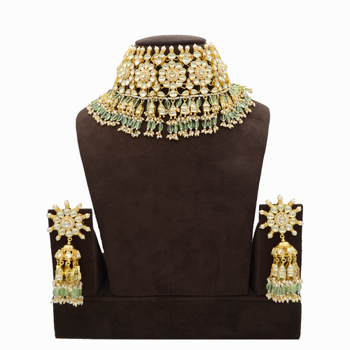 Pachi Kundan Necklace Set with Mint Green Hangings
