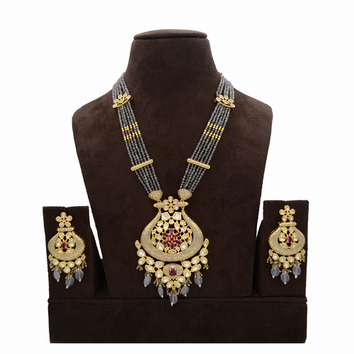 Kundan Pendent Mala Set With Touch Of Ad, Mint Grey Mina And Grey Hangings
