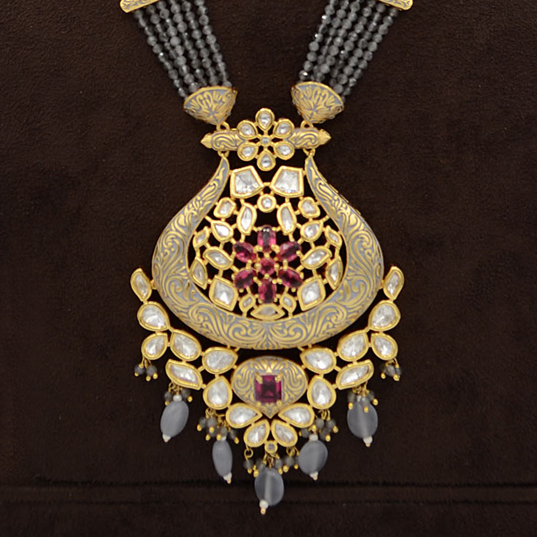 Kundan Pendent Mala Set With Touch Of Ad, Mint Grey Mina And Grey Hangings