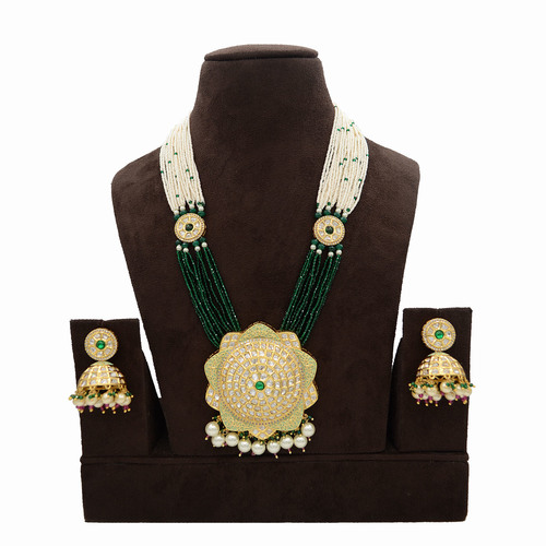 Kundan Pendent Mala Set With Touch Of Ad, Mint Green Mina And Pearl Hangings