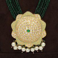 Kundan Pendent Mala Set With Touch Of Ad, Mint Green Mina And Pearl Hangings