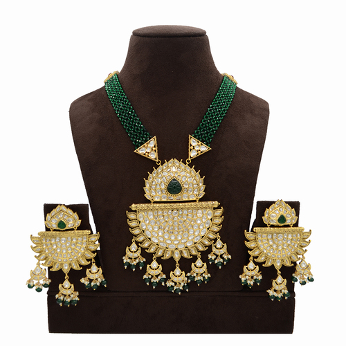Kundan Pendent Mala Set With Green Carving Stone And Green Hangings