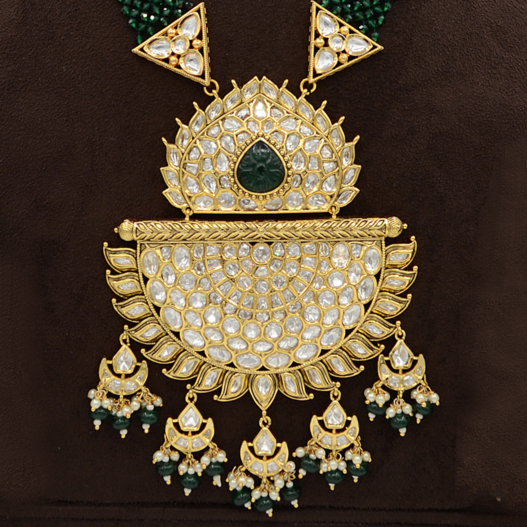 Kundan Pendent Mala Set With Green Carving Stone And Green Hangings