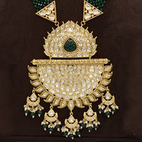 Kundan Pendent Mala Set With Green Carving Stone And Green Hangings