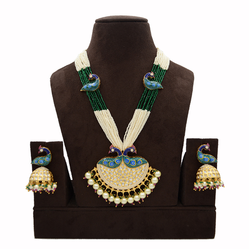 Peacock Kundan Pendent Set With Minakari Work And Pearl Hangings.