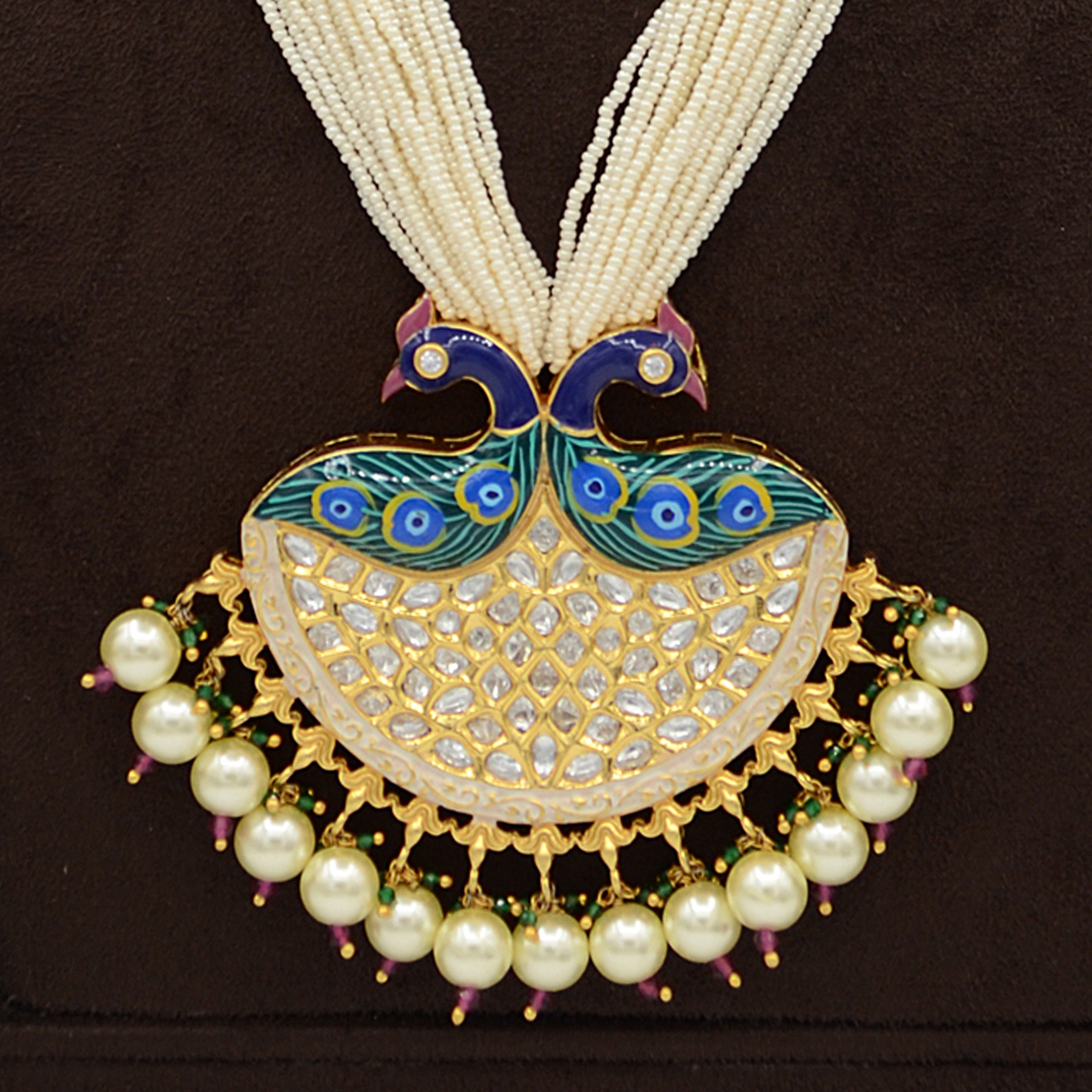 Peacock Kundan Pendent Set With Minakari Work And Pearl Hangings.