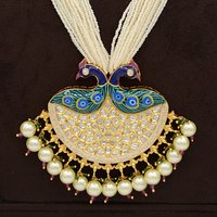 Peacock Kundan Pendent Set With Minakari Work And Pearl Hangings.