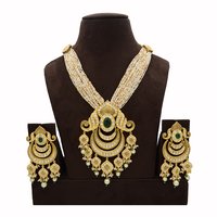 Kundan Pendent Mala Set With Green Stones And Pearl Hangings