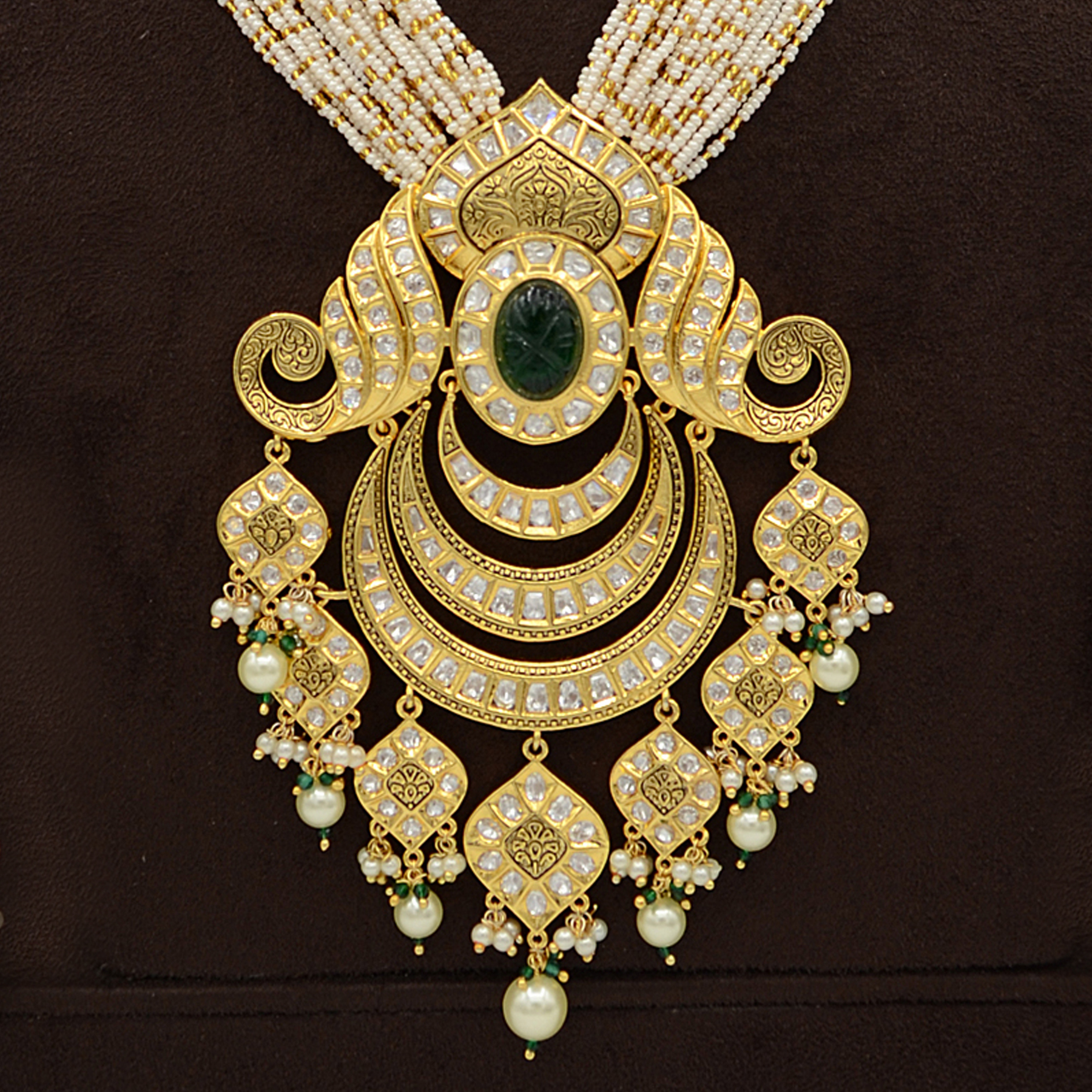 Kundan Pendent Mala Set With Green Stones And Pearl Hangings