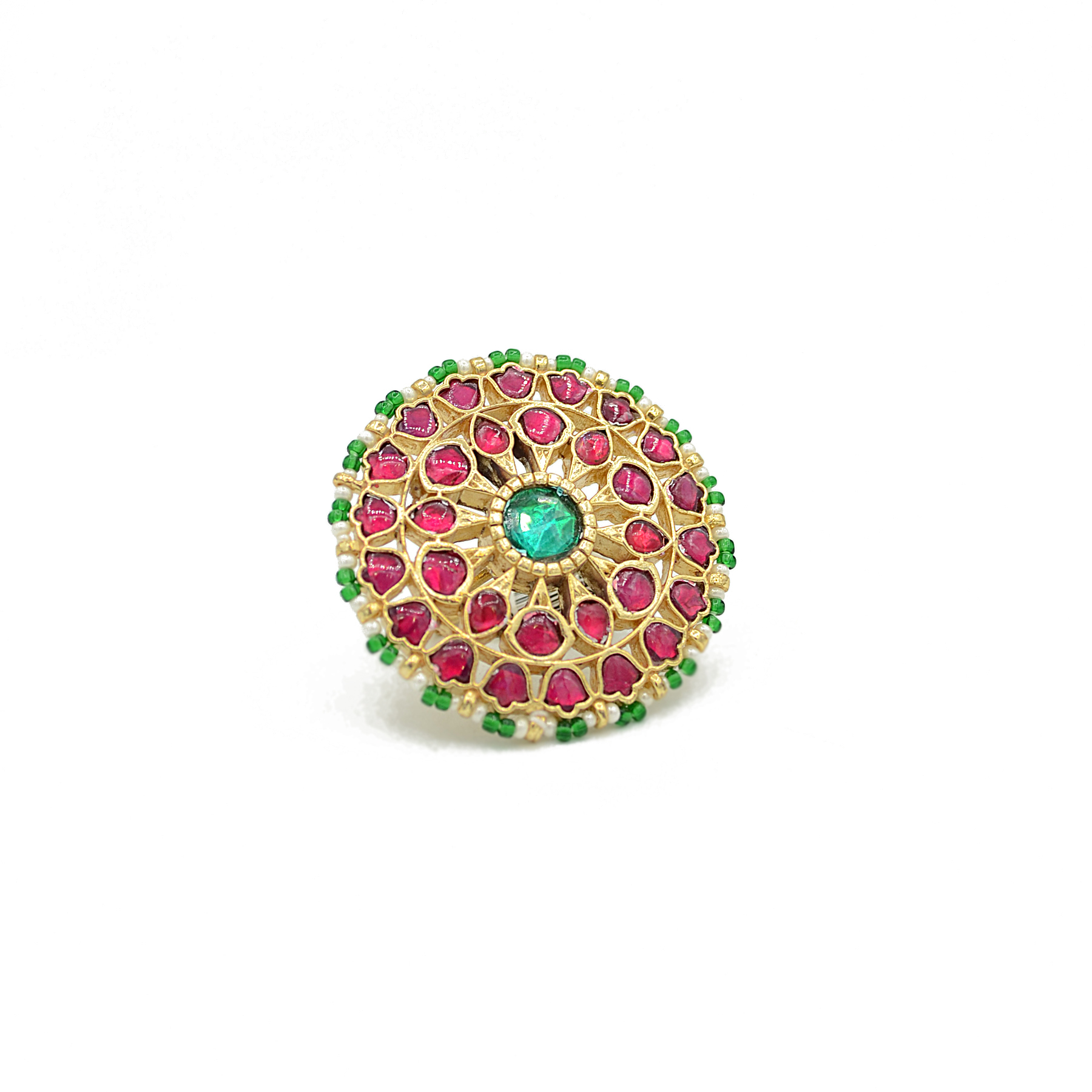 Jadau Finger Ring With Ruby Colour Stones And Center Green Stone