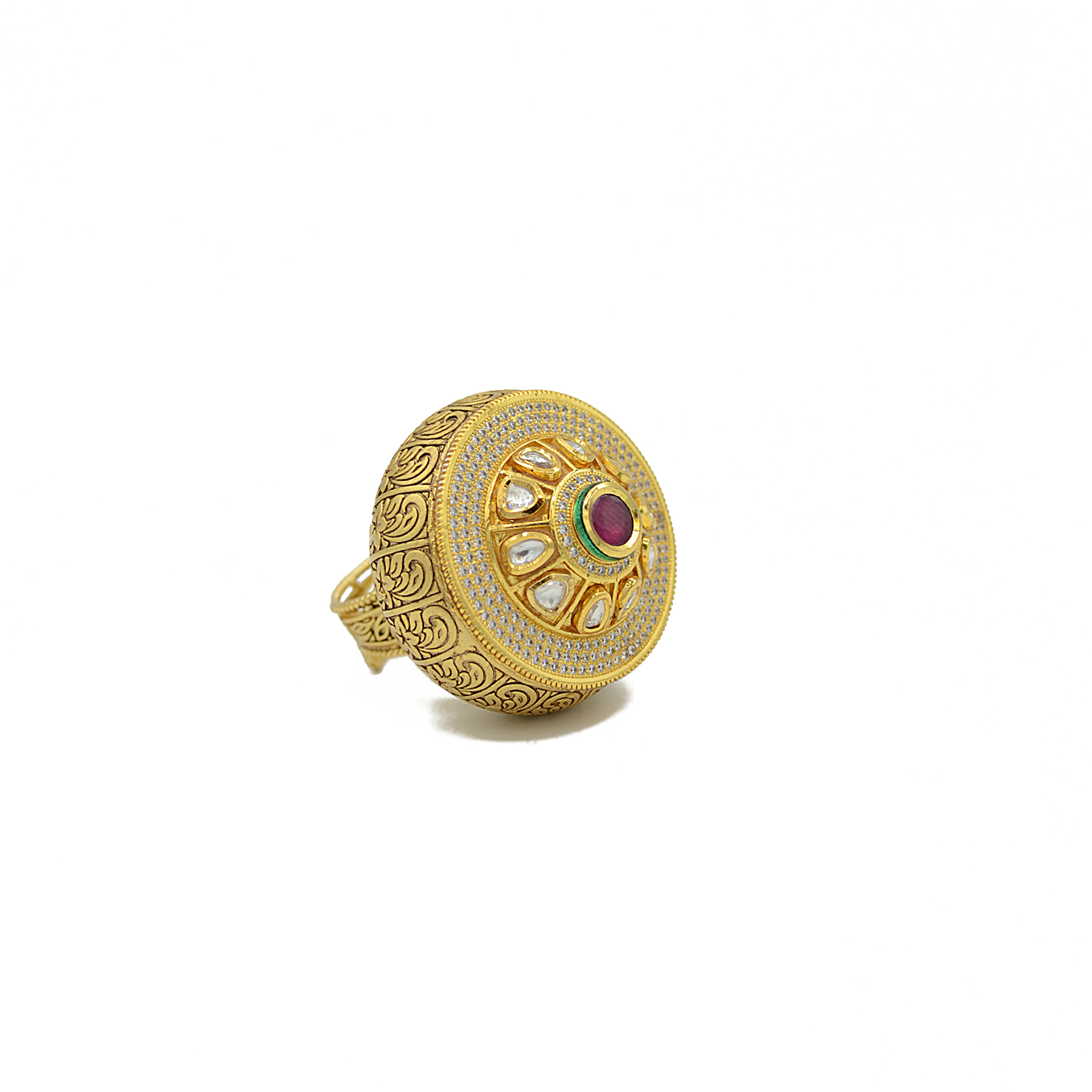 Kundan Finger Ring With Center Ruby Colour Stone And American Diamond Work