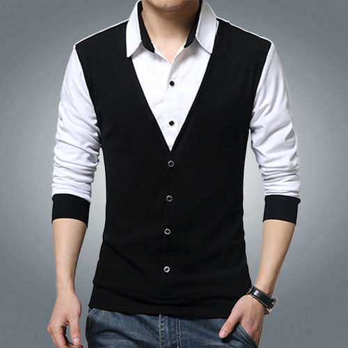 Men's Polo Neck T-Shirt - Cotton, Size [S, M, L, XL, XXL], Color: Black & White | Slim Fit Design, Long Sleeves, Plain Pattern