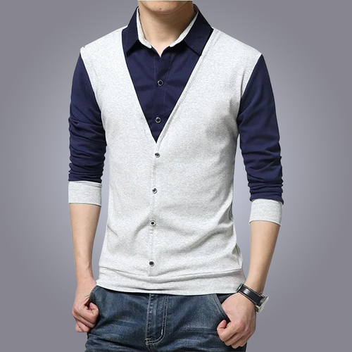Men's Polo Neck T-Shirt - Cotton, Slim Fit Style, Sizes S-XXL, Grey White, Long Sleeves | Designed for Comfortable Everyday Fashion