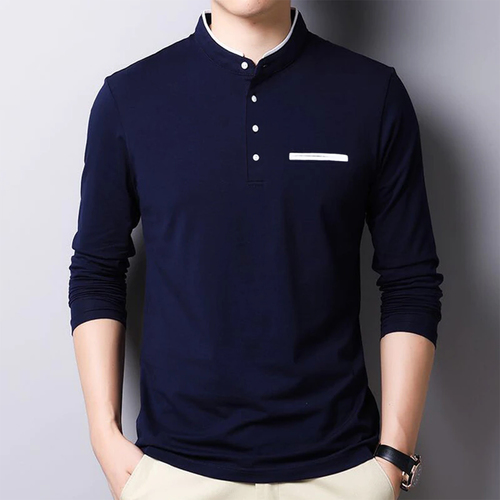 Men's Mandarin Neck T-Shirt - Cotton Size L/M/S/XL/XXL Navy Blue | Long Sleeves Slim Fit Style Eco-Conscious Design