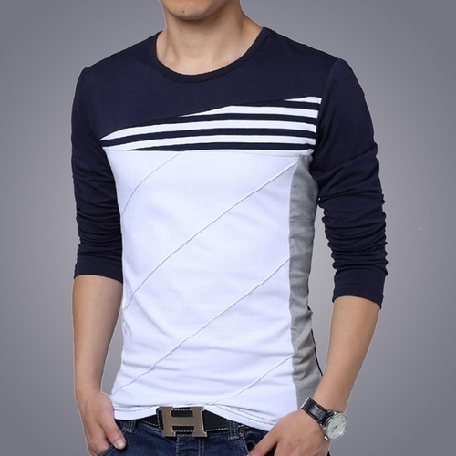 Men's Round Neck T-Shirt - Cotton Fabric Sizes S-XXL Colors Grey Navy Blue White Long Sleeves Slim Fit Design for Modern Men