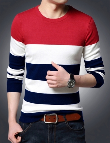 Men's Round Neck  Full Sleeve Striped Red T-shirt Age Group: Adult