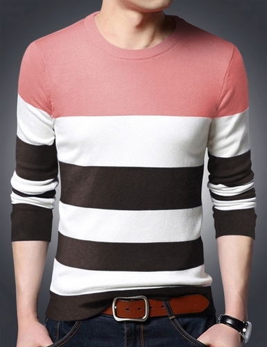 Men's Round Neck Striped Peach T-Shirt - Cotton Available Sizes: S M L XL XXL Color: Peach White Long Sleeves O-Neck Design