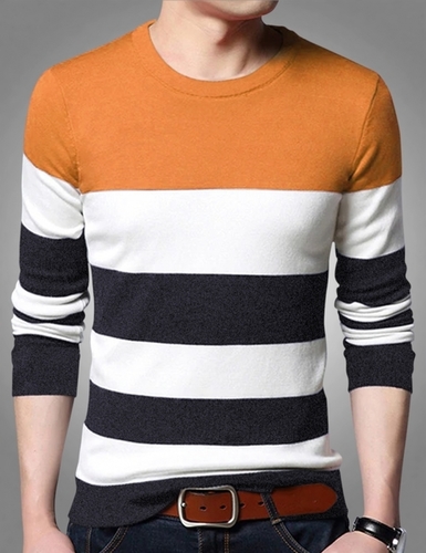 Men Round Neck Striped Orange T-Shirt
