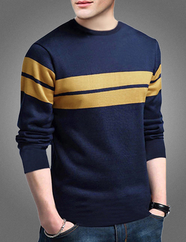 Men's Round Neck T-Shirt - Cotton Slim Fit Sizes S-XXL Navy Blue Long Sleeves O-Neck Striped Pattern Designed for Adult Men