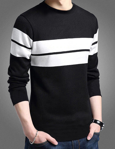 Men's Round Neck T-Shirt - Cotton, Sizes [S, M, L, XL, XXL], Black White Striped, Long Sleeve, Slim Fit Style, Designed for Men