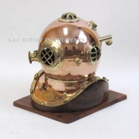 Copper And Brass Diving Helmet with Wooden Base  Us Navy Mark IV Collectible Decorative Marine Gift