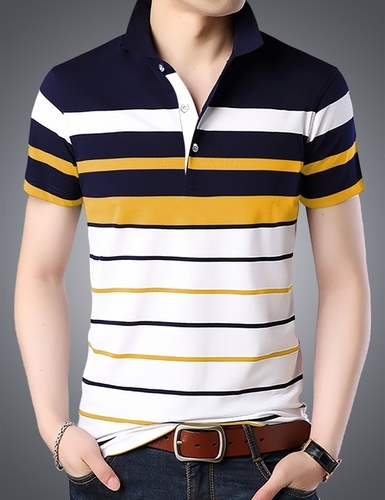 Men's Polo Neck Striped T-Shirt - Cotton Sizes S-XXL Colors: White Dark Navy Mustard | Short Sleeves Slim Fit Design Stylish Striped Pattern