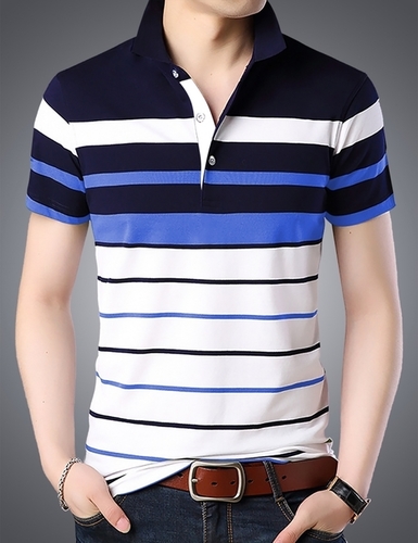 Men's Polo Neck Dark Blue T-Shirt - Cotton Fabric Sizes M-XXXL Dark Navy Color Short Sleeves Striped Pattern | Slim Fit Design for Modern Style