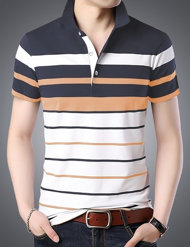 Men's Slim Fit Polo Neck T-Shirt - Cotton Sizes S-XXL Light Orange Striped Design Short Sleeves