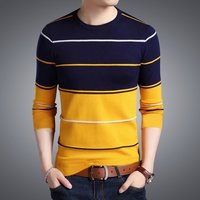 Men Round Neck Yellow Striped T-shirt - Cotton Fabric, Sizes S-xxl, Color: Yellow With Dark Navy And White Stripes, Long Sleeves, O-neck Design